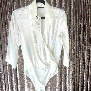 Zara Satin White Blouse Bodysuit